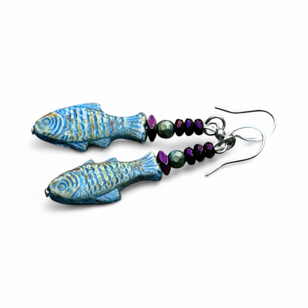 Handcrafted Blue Fish Dangle Earrings - Picture 2 of 7